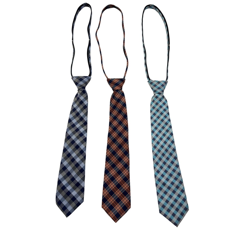Class Club Gold Label Kids Zipper Tie Bundle Set of 3 Silk Plaid Gingham Blue